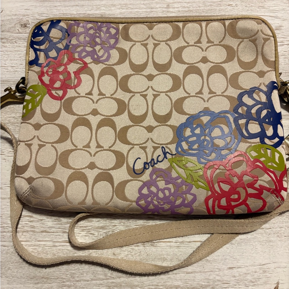 Coach Beige Crossbody Bag with Floral Accents
